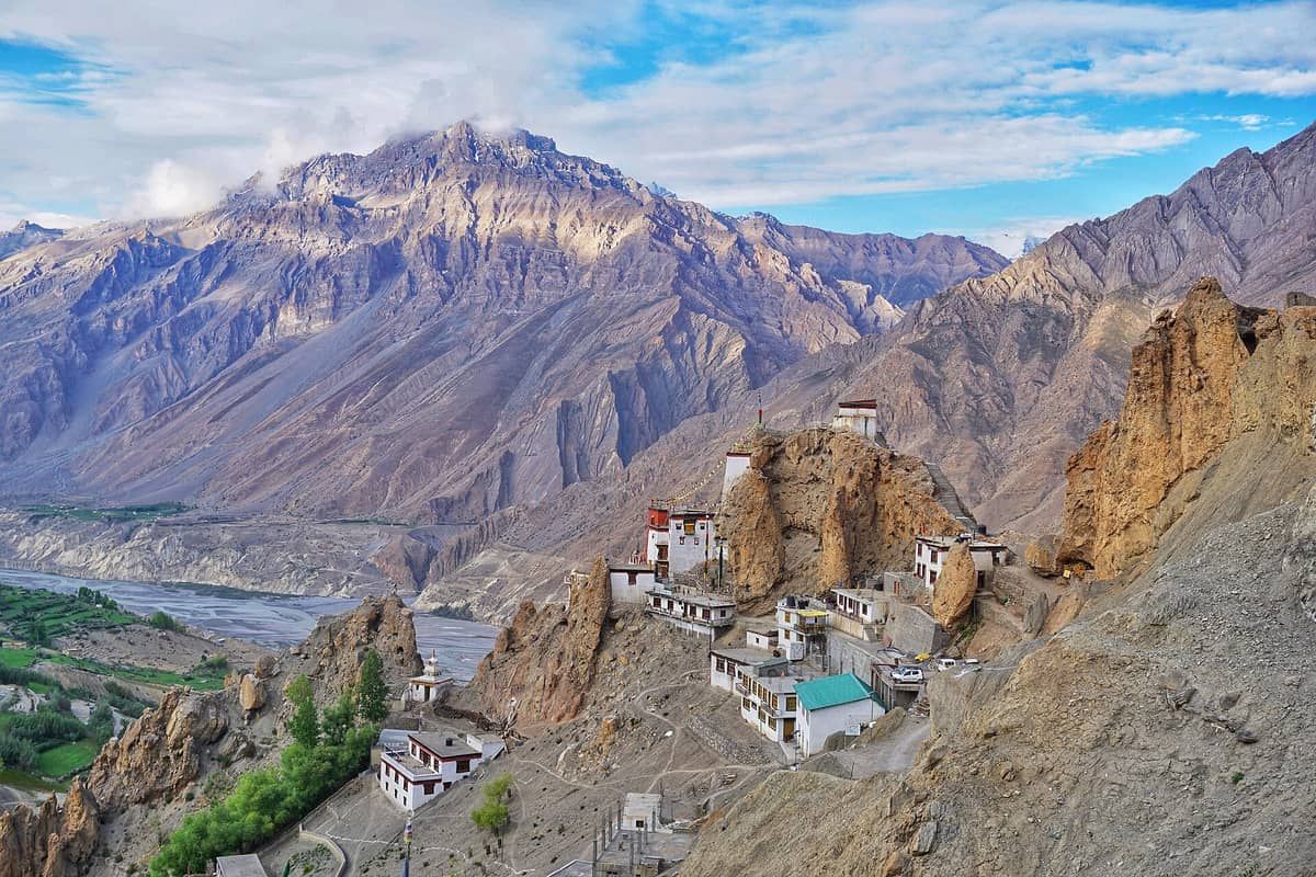 Dhankar Gompa clinging to a crag above the Spiti and Pin river confluence